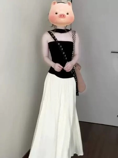 French black halter neck suspender top heart women summer sleeveless tube top hot girl suit skirt pure desire to wear a complete set