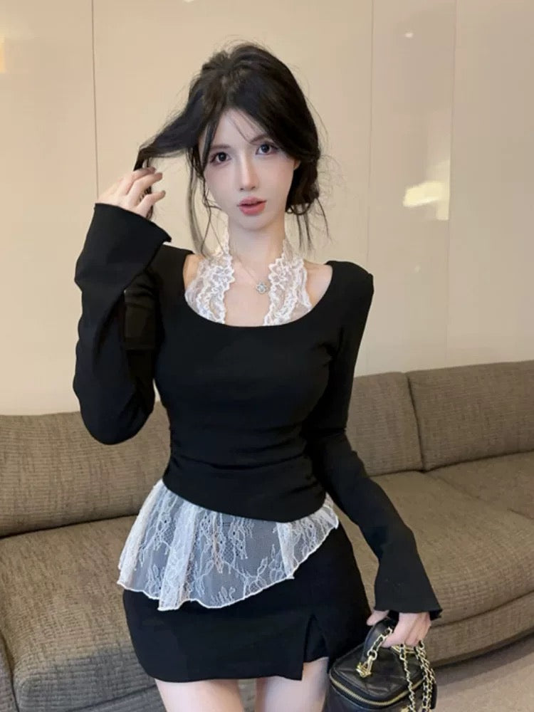 Pure desire design temperament lace halter neck long-sleeved bottoming shirt for women autumn and winter plus velvet slim fit fake two-piece top