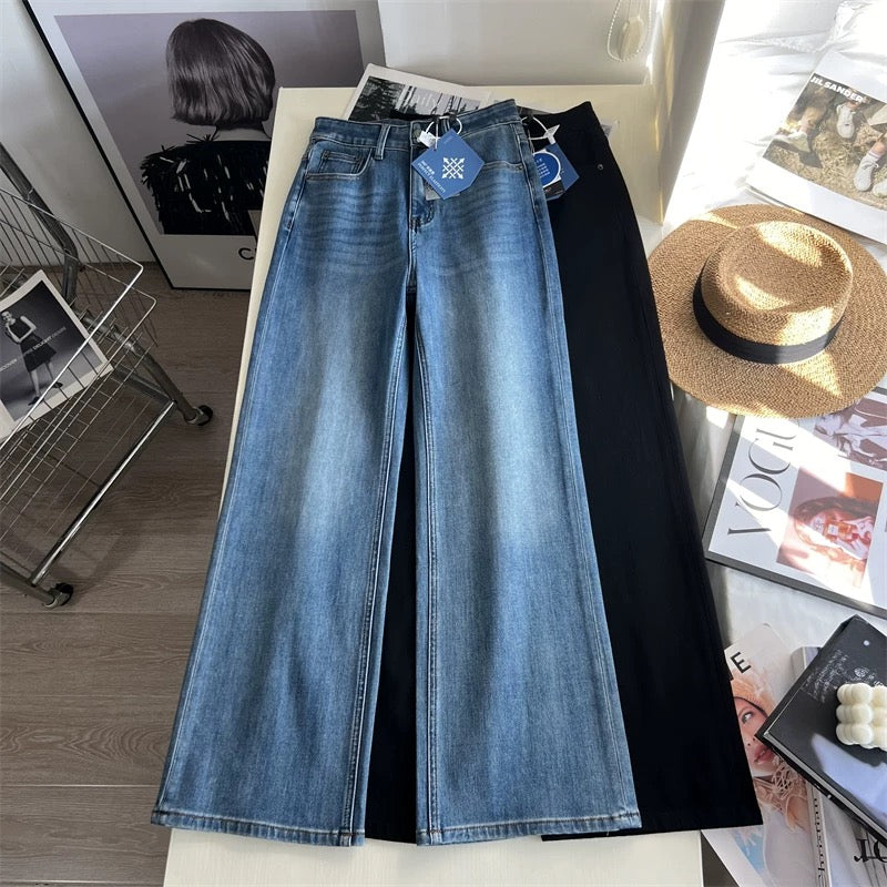 Hip-slimming wonder! Retro blue slim-fit flared pants, autumn four-way stretch, loose drape, straight leg, floor-length trousers.