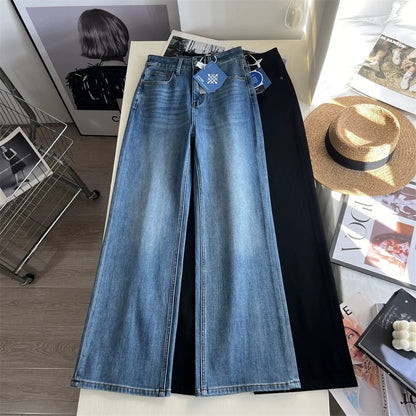 Hip-slimming wonder! Retro blue slim-fit flared pants, autumn four-way stretch, loose drape, straight leg, floor-length trousers.