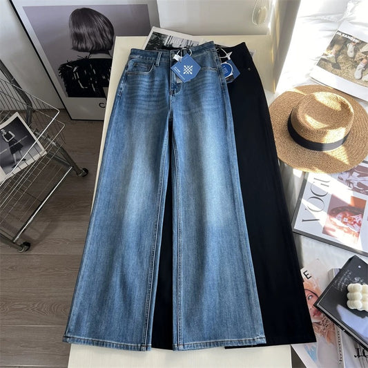 Hip-slimming wonder! Retro blue slim-fit flared pants, autumn four-way stretch, loose drape, straight leg, floor-length trousers.