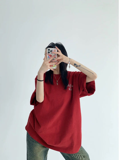 Waste wood chic summer American niche nailed pearl cotton T-shirt loose retro couple embroidered short-sleeved women's and men's trendy