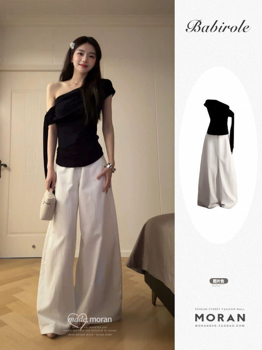 Salty street-blasting set of summer unique oblique collar off-shoulder black T-shirt top casual wide-leg pants two-piece suit for women