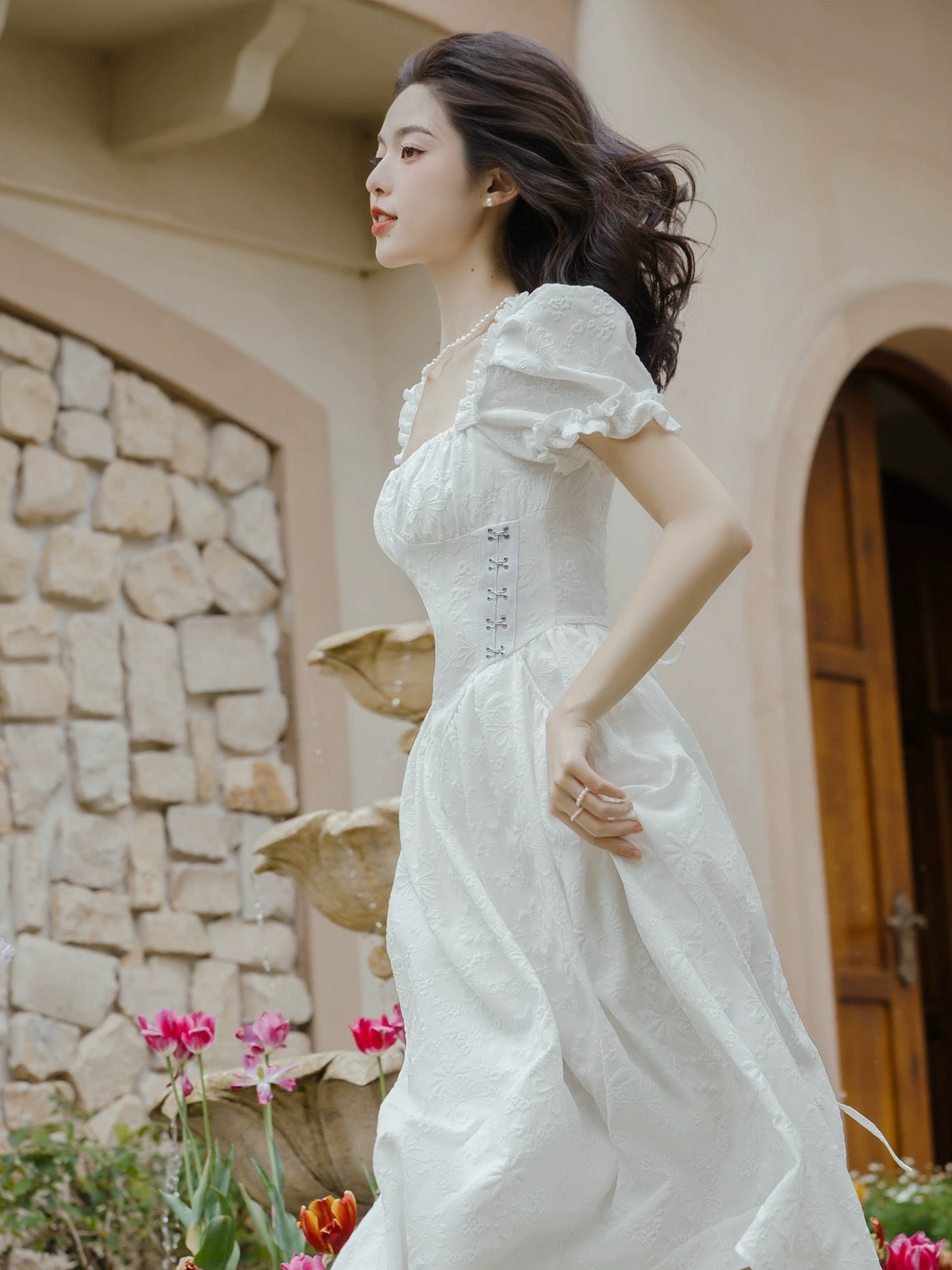 2024 new summer skirt for women, French style first love dress, jacquard sweet square neck, slim and high-end