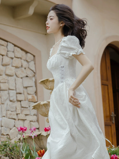 2024 new summer skirt for women, French style first love dress, jacquard sweet square neck, slim and high-end