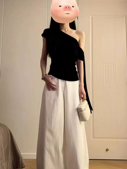 Salty street-blasting set of summer unique oblique collar off-shoulder black T-shirt top casual wide-leg pants two-piece suit for women