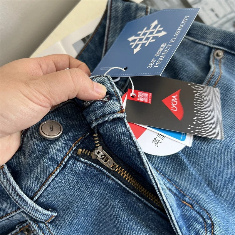 Hip-slimming wonder! Retro blue slim-fit flared pants, autumn four-way stretch, loose drape, straight leg, floor-length trousers.