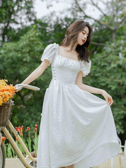 2024 new summer skirt for women, French style first love dress, jacquard sweet square neck, slim and high-end