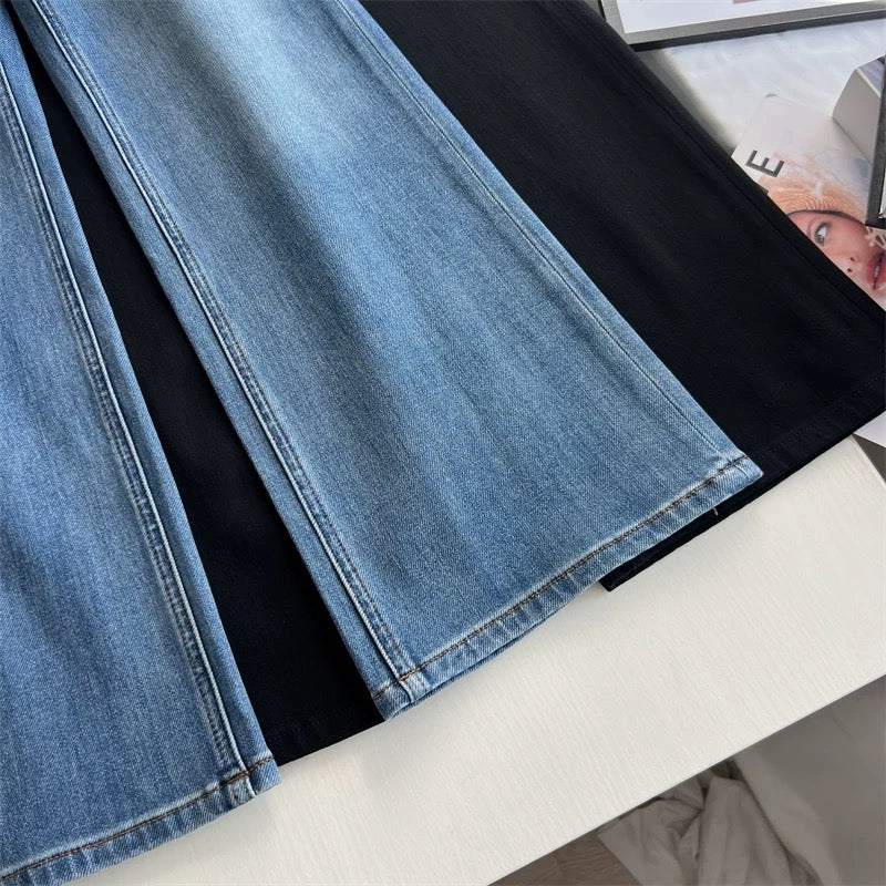 Hip-slimming wonder! Retro blue slim-fit flared pants, autumn four-way stretch, loose drape, straight leg, floor-length trousers.