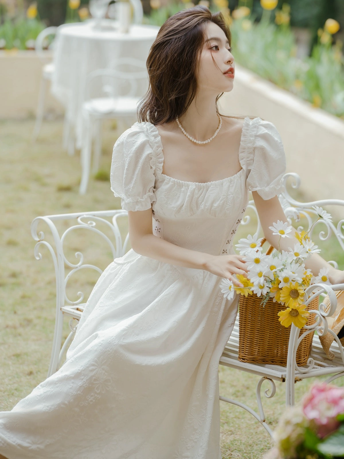 2024 new summer skirt for women, French style first love dress, jacquard sweet square neck, slim and high-end