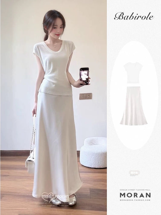 French white acetate satin skirt for women summer 2025 new style high-end temperament slim hip fishtail long skirt