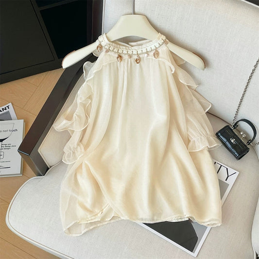 French ruffled off-shoulder halter neck chiffon shirt for women in summer with gentle design and chain blouse, elegant lady top