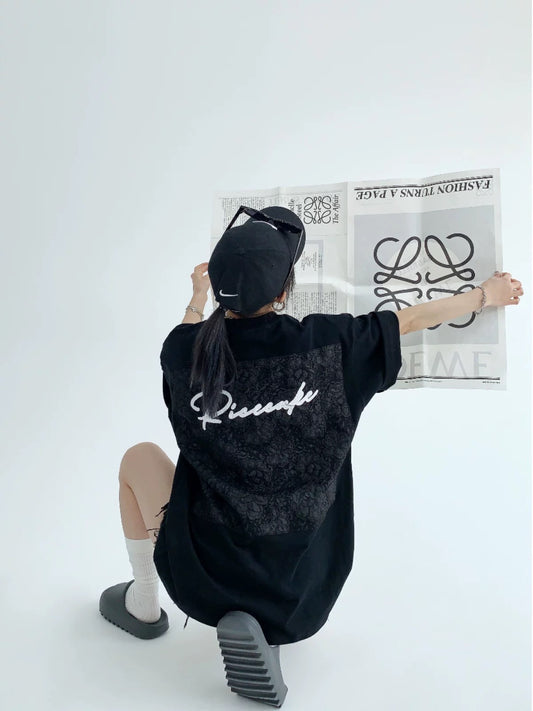 Waste wood summer design niche t-shirt loose dopamine back jacquard patch embroidered pure cotton short-sleeved women's trendy