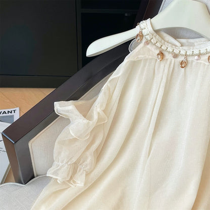 French ruffled off-shoulder halter neck chiffon shirt for women in summer with gentle design and chain blouse, elegant lady top