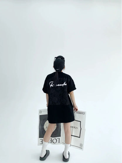 Waste wood summer design niche t-shirt loose dopamine back jacquard patch embroidered pure cotton short-sleeved women's trendy