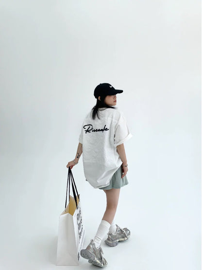 Waste wood summer design niche t-shirt loose dopamine back jacquard patch embroidered pure cotton short-sleeved women's trendy