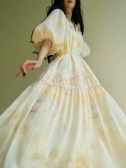 Aconiconi｜Wuxiao French oil painting print loose slimming and relaxed feeling seaside holiday swing dress