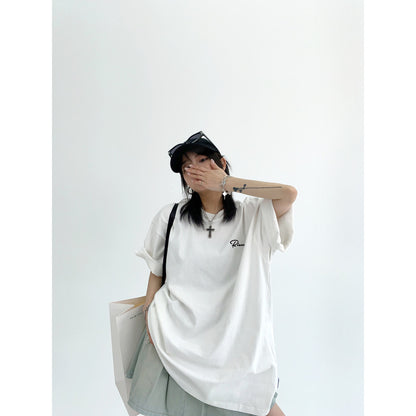 Waste wood summer design niche t-shirt loose dopamine back jacquard patch embroidered pure cotton short-sleeved women's trendy