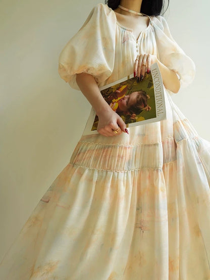 Aconiconi｜Wuxiao French oil painting print loose slimming and relaxed feeling seaside holiday swing dress