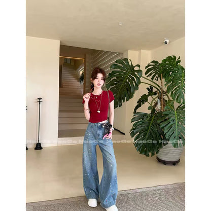 Hao Ge’s Top Picks: "Falling Blossoms" (HGC6NZK6166B) Jeans — Trendy, loose-fit, slimming, and featuring stylish rhinestone detailing.