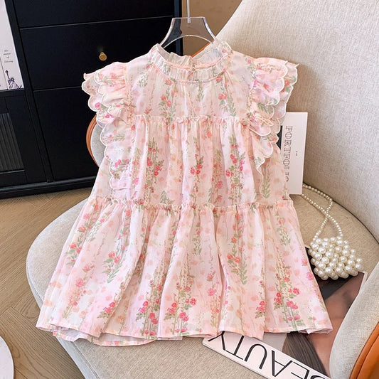 French sweet pink floral shirt women's summer new style flying sleeves loose baby shirt chic beautiful top