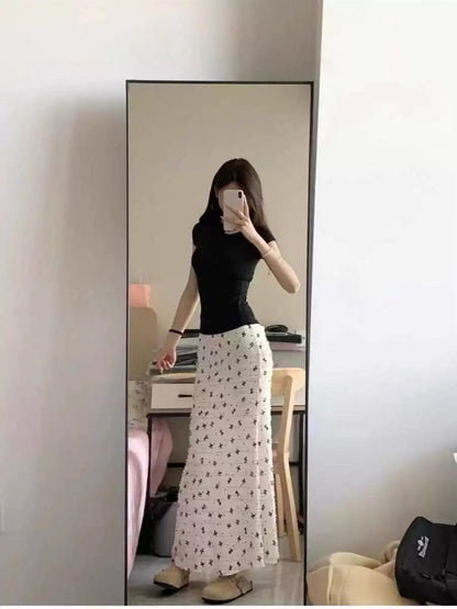 White floral hip skirt, beautiful summer outfit, a complete set of fishtail long skirt, high waist, niche and chic women