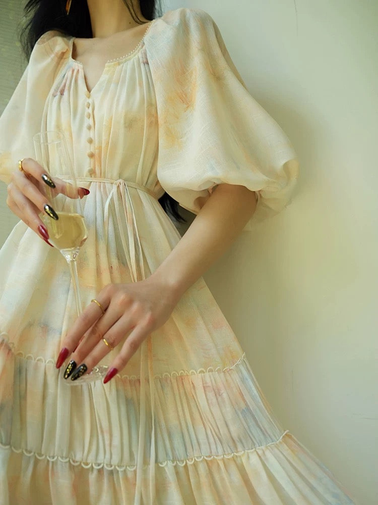 Aconiconi｜Wuxiao French oil painting print loose slimming and relaxed feeling seaside holiday swing dress