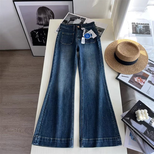 French retro style! Classic navy blue double pocket jeans for autumn/winter, slimming and elongating, stretchy flared jeans that drape to the floor.