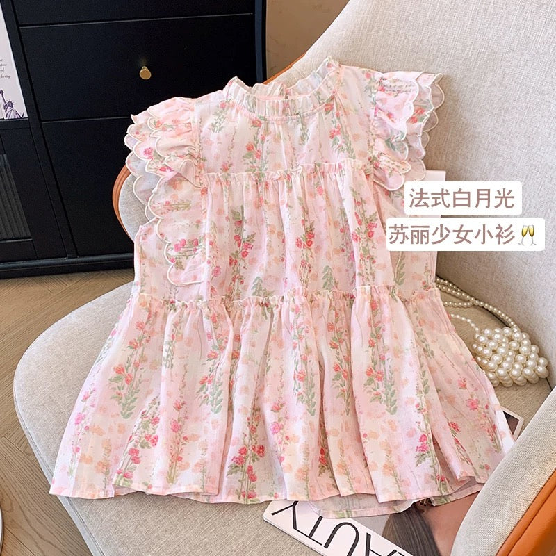 French sweet pink floral shirt women's summer new style flying sleeves loose baby shirt chic beautiful top