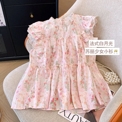 French sweet pink floral shirt women's summer new style flying sleeves loose baby shirt chic beautiful top