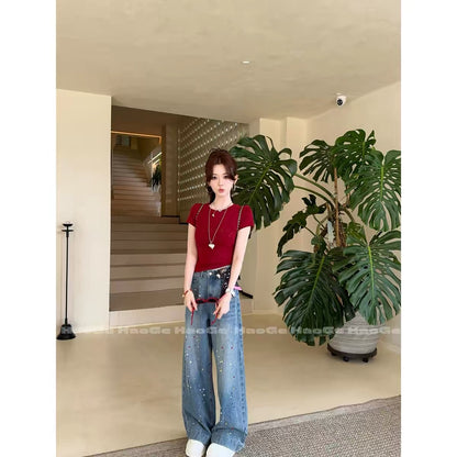 Hao Ge’s Top Picks: "Falling Blossoms" (HGC6NZK6166B) Jeans — Trendy, loose-fit, slimming, and featuring stylish rhinestone detailing.