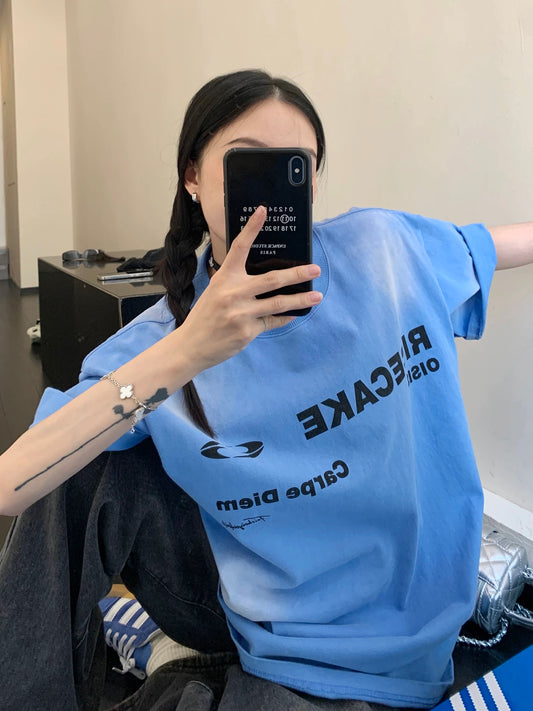 Waste wood summer new American niche old blue 300G pure cotton short-sleeved loose retro couple T-shirt women's trend
