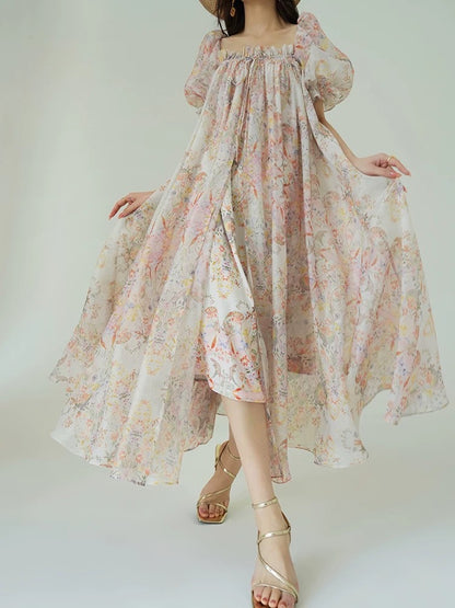 Aconiconi｜Spring Song Collection French romantic print large square neckline and large swing seaside holiday style dress