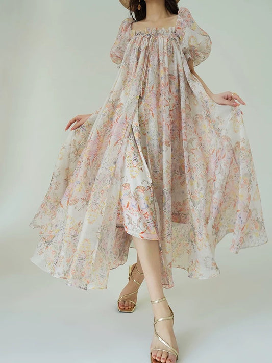 Aconiconi｜Spring Song Collection French romantic print large square neckline and large swing seaside holiday style dress