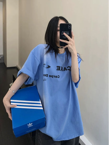 Waste wood summer new American niche old blue 300G pure cotton short-sleeved loose retro couple T-shirt women's trend