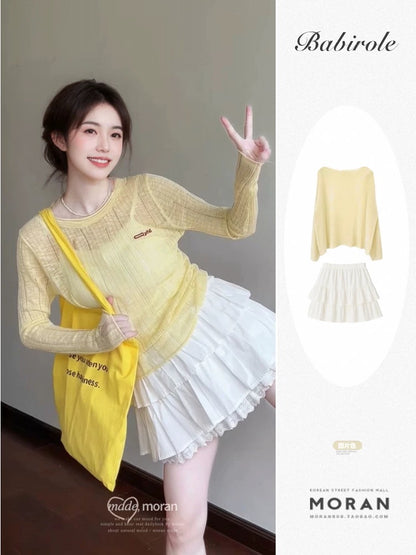 Unique and beautiful spring and summer outfit two-piece dopamine yellow knitted cardigan top cake skirt short women
