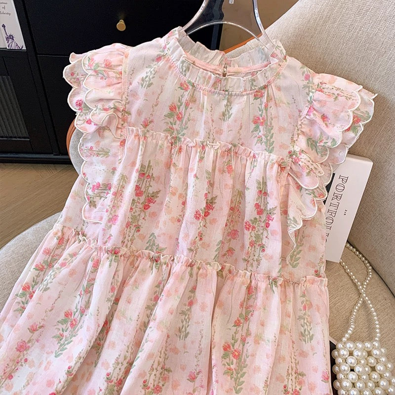 French sweet pink floral shirt women's summer new style flying sleeves loose baby shirt chic beautiful top