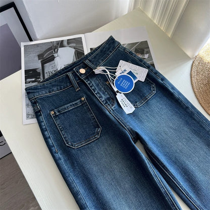 French retro style! Classic navy blue double pocket jeans for autumn/winter, slimming and elongating, stretchy flared jeans that drape to the floor.