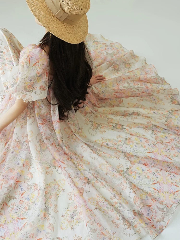 Aconiconi｜Spring Song Collection French romantic print large square neckline and large swing seaside holiday style dress