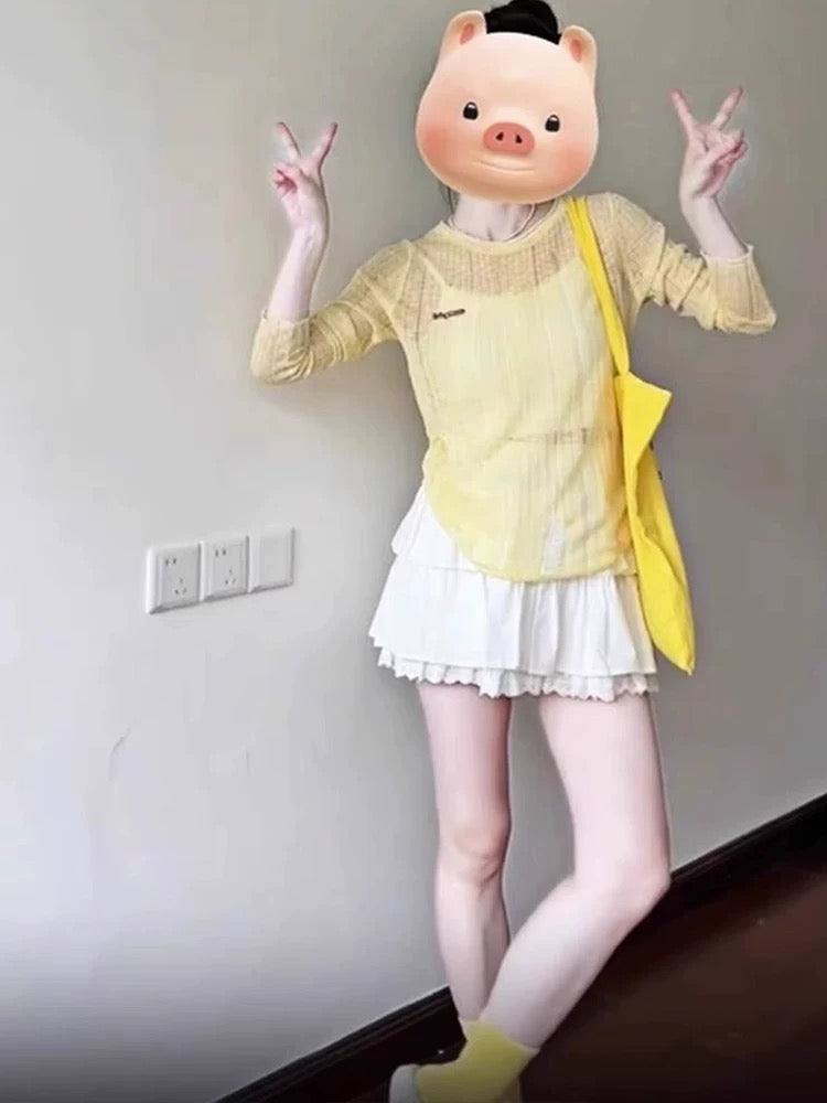 Unique and beautiful spring and summer outfit two-piece dopamine yellow knitted cardigan top cake skirt short women