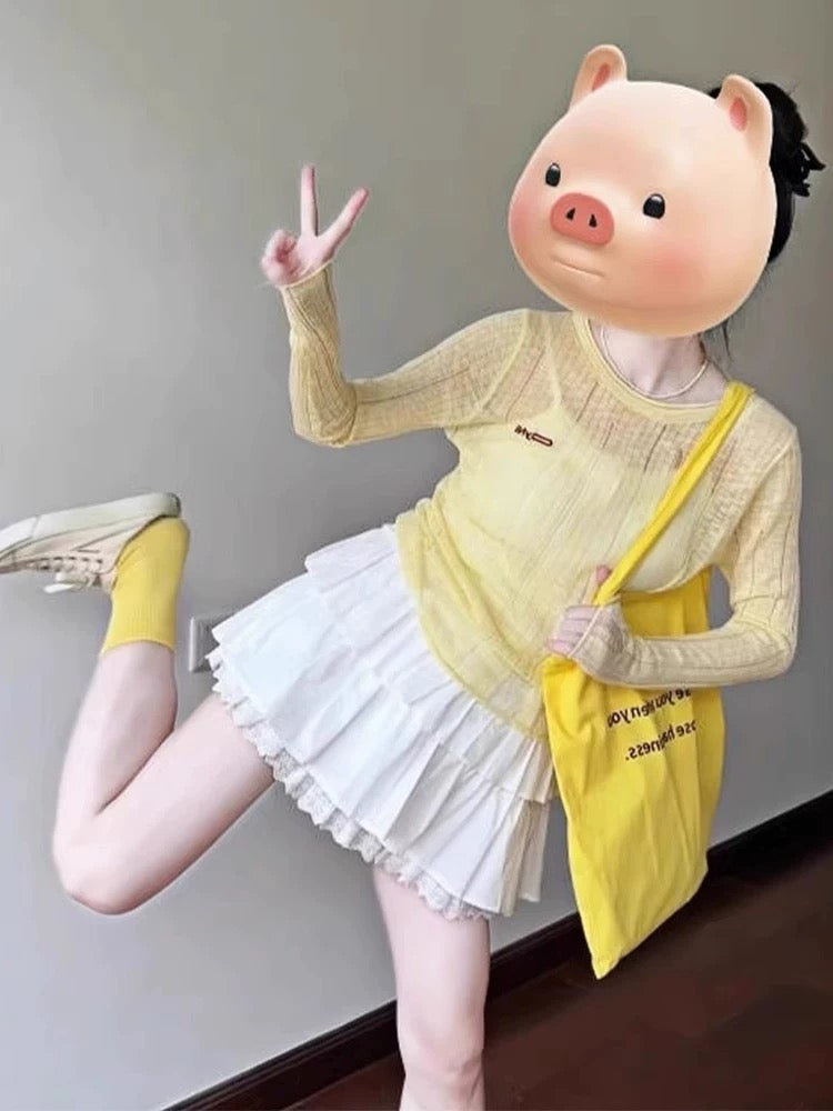 Unique and beautiful spring and summer outfit two-piece dopamine yellow knitted cardigan top cake skirt short women