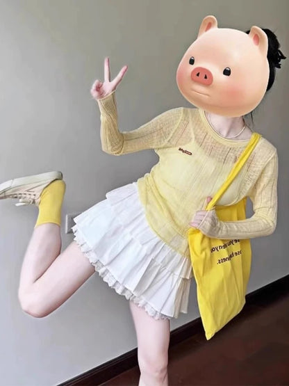 Unique and beautiful spring and summer outfit two-piece dopamine yellow knitted cardigan top cake skirt short women