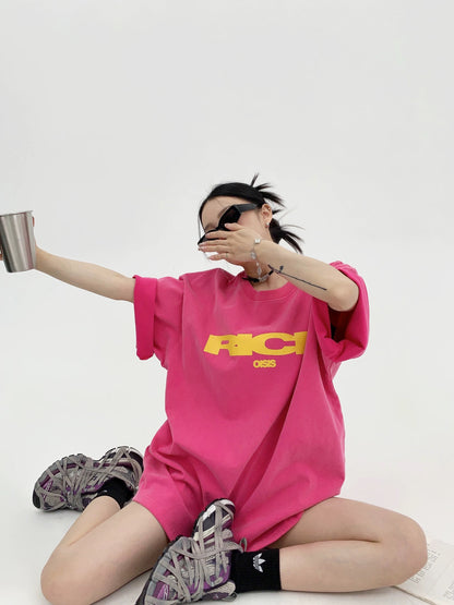 Waste wood summer American heavy industry distressed niche letters pure cotton short-sleeved women's oversize retro couple T-shirt trendy