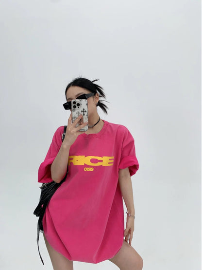 Waste wood summer American heavy industry distressed niche letters pure cotton short-sleeved women's oversize retro couple T-shirt trendy
