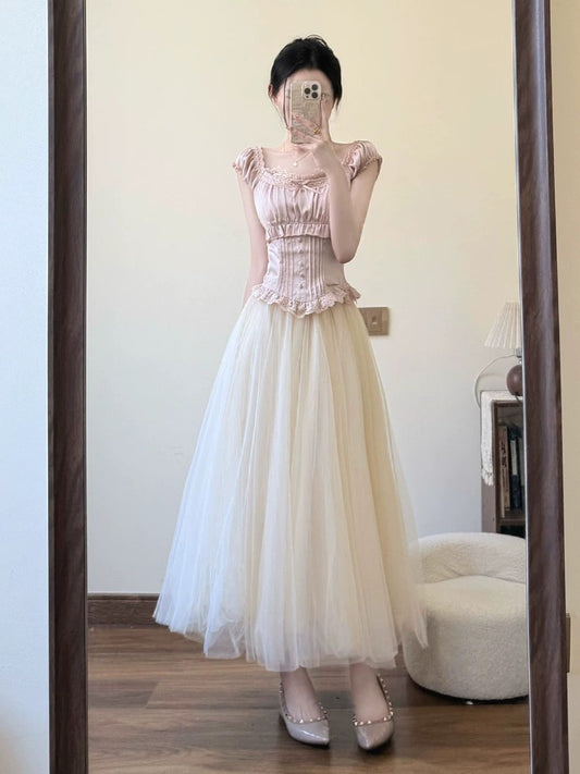 Summer beautiful outfit a complete set of design sense waist top lace mesh half-length skirt two-piece suit for women