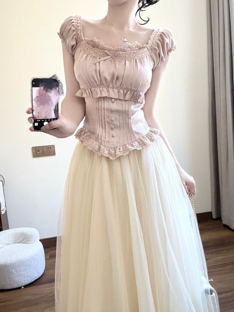 Summer beautiful outfit a complete set of design sense waist top lace mesh half-length skirt two-piece suit for women