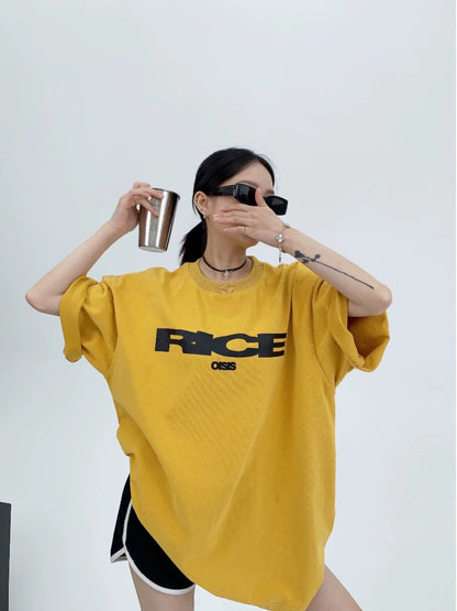 Waste wood summer American heavy industry distressed niche letters pure cotton short-sleeved women's oversize retro couple T-shirt trendy