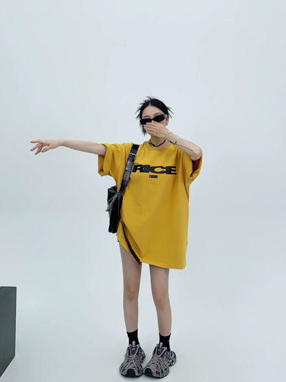 Waste wood summer American heavy industry distressed niche letters pure cotton short-sleeved women's oversize retro couple T-shirt trendy