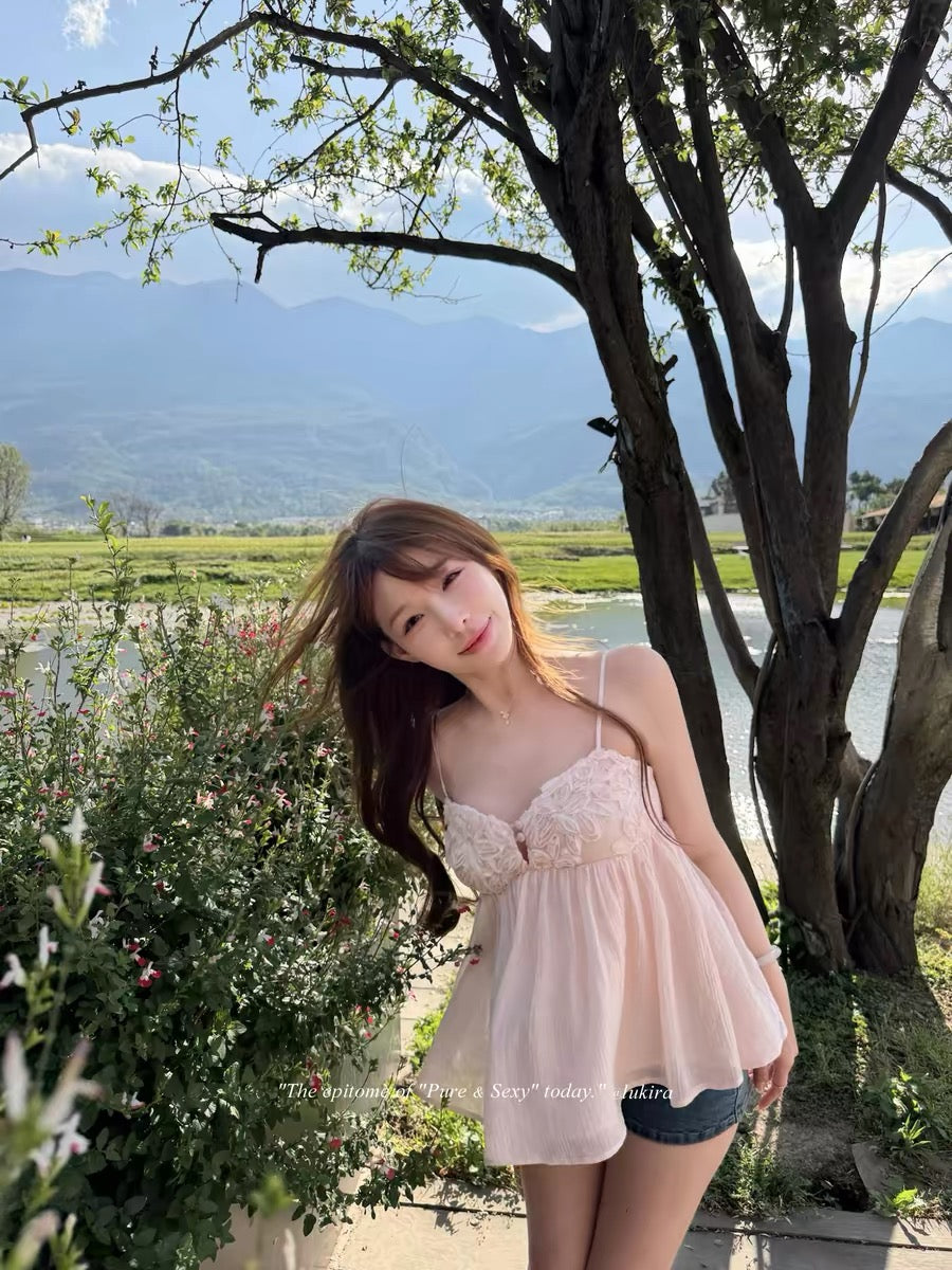 Lumira Cherry Blossom Ballet Sweet and Elegant Custom-Dyed 3D Floral Chiffon Camisole for Women, Slimming Summer Top
