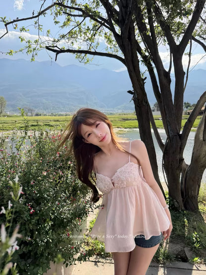 Lumira Cherry Blossom Ballet Sweet and Elegant Custom-Dyed 3D Floral Chiffon Camisole for Women, Slimming Summer Top
